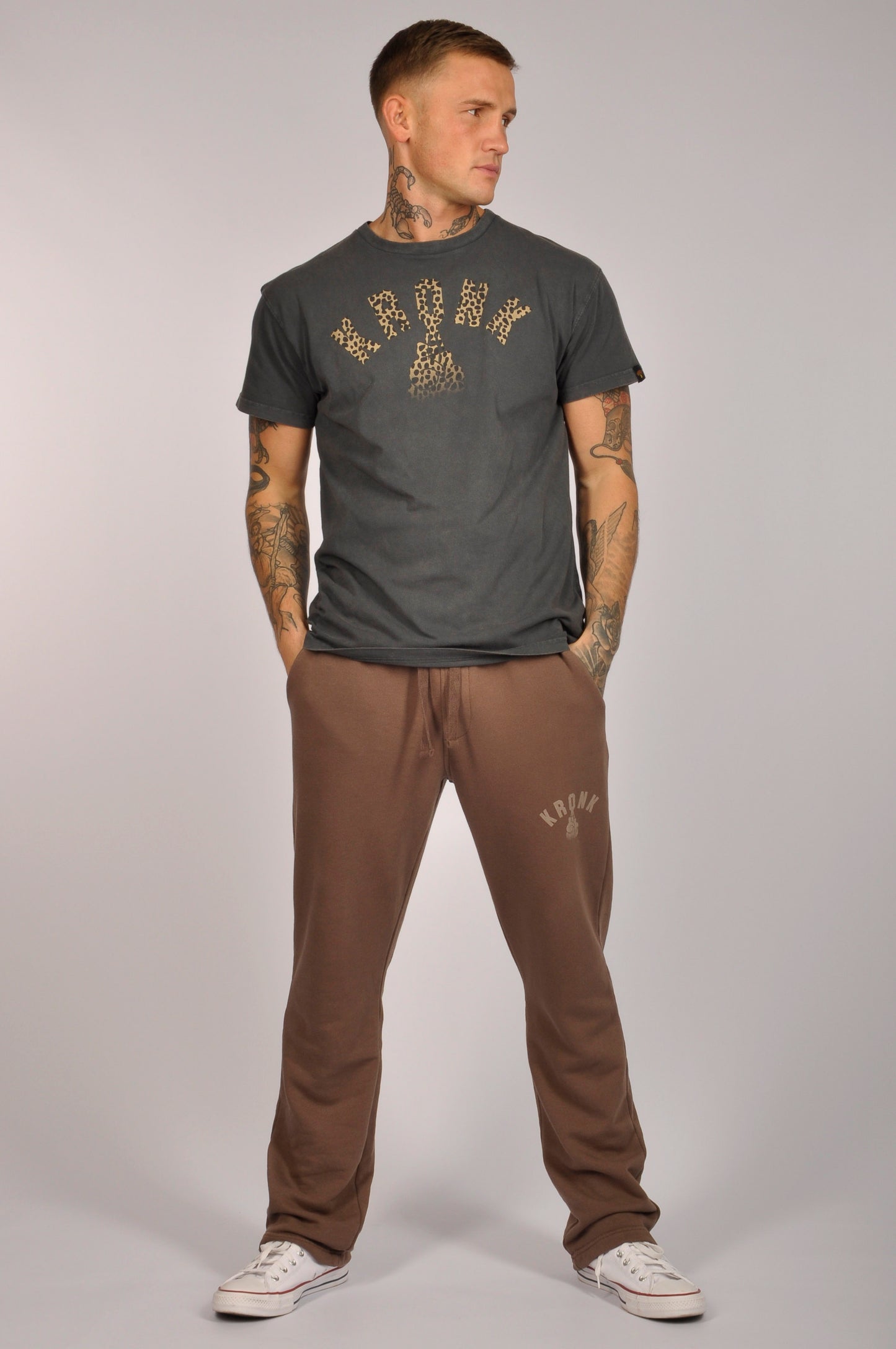 KRONK Faded Leopard Gloves Loose Fit Vintage Wash T Shirt Charcoal