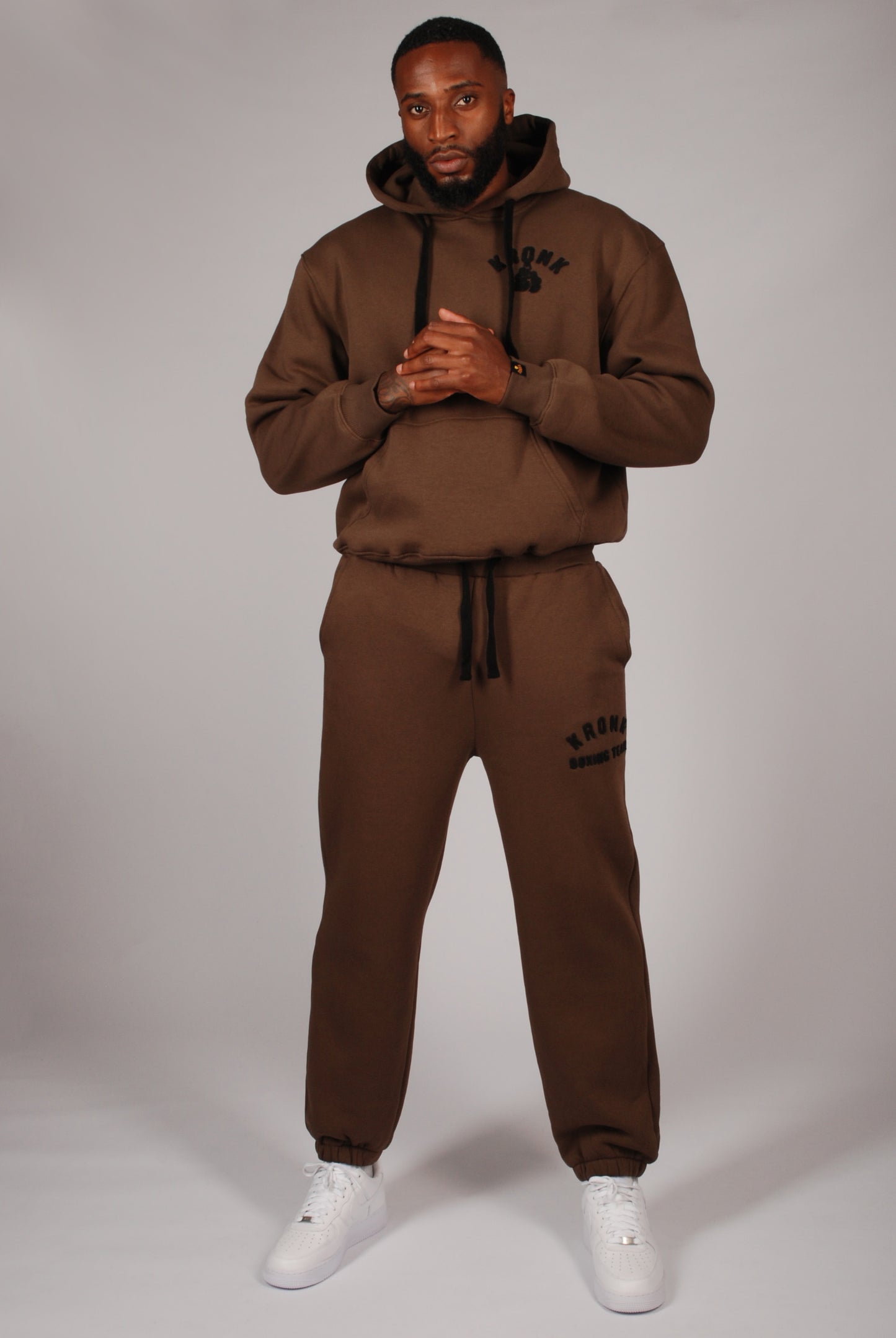 KRONK Boxing Team Towelling Applique Hoodie Loose Fit Dark Brown