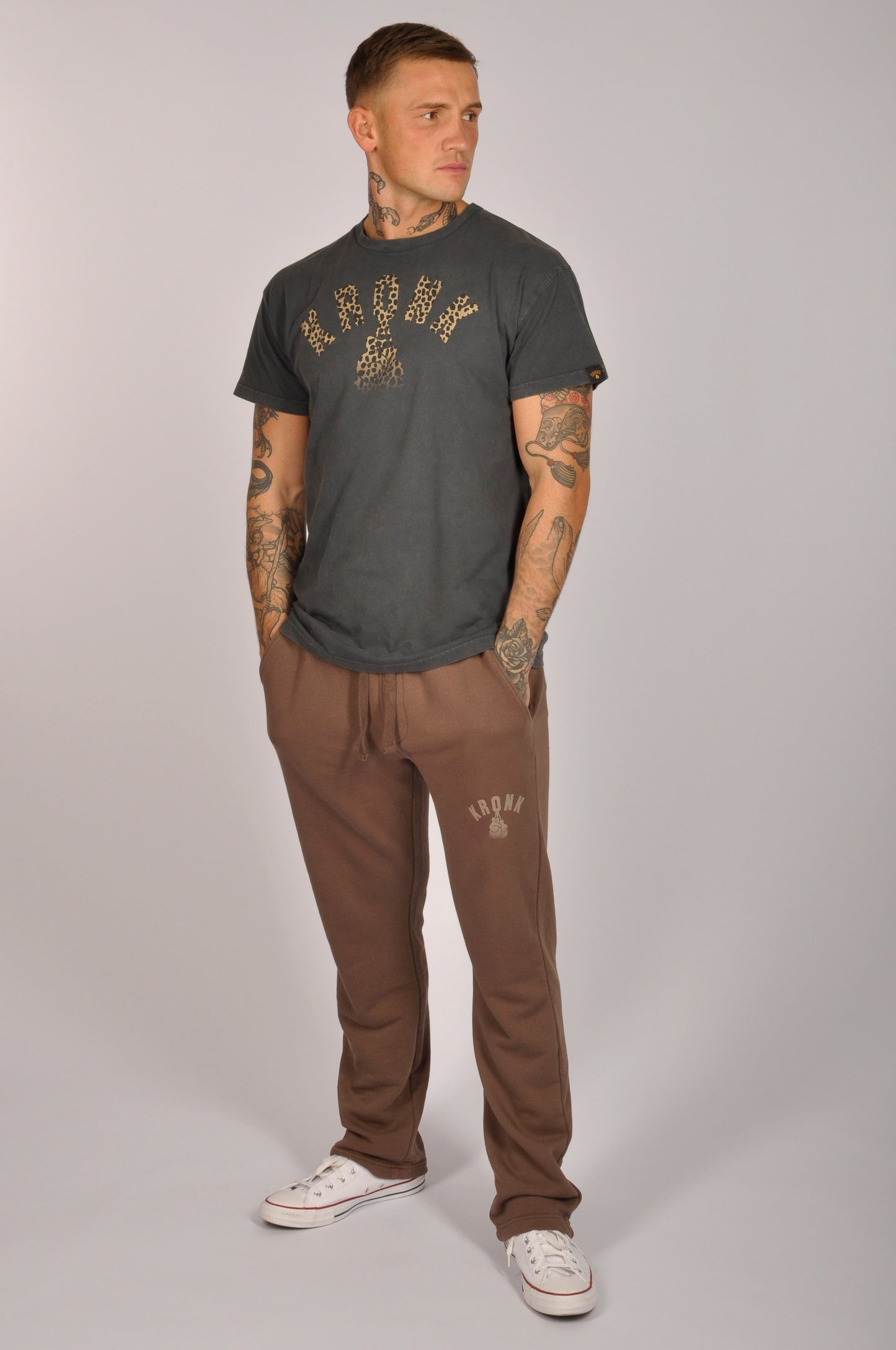 KRONK Faded Leopard Gloves Loose Fit Vintage Wash T Shirt Charcoal