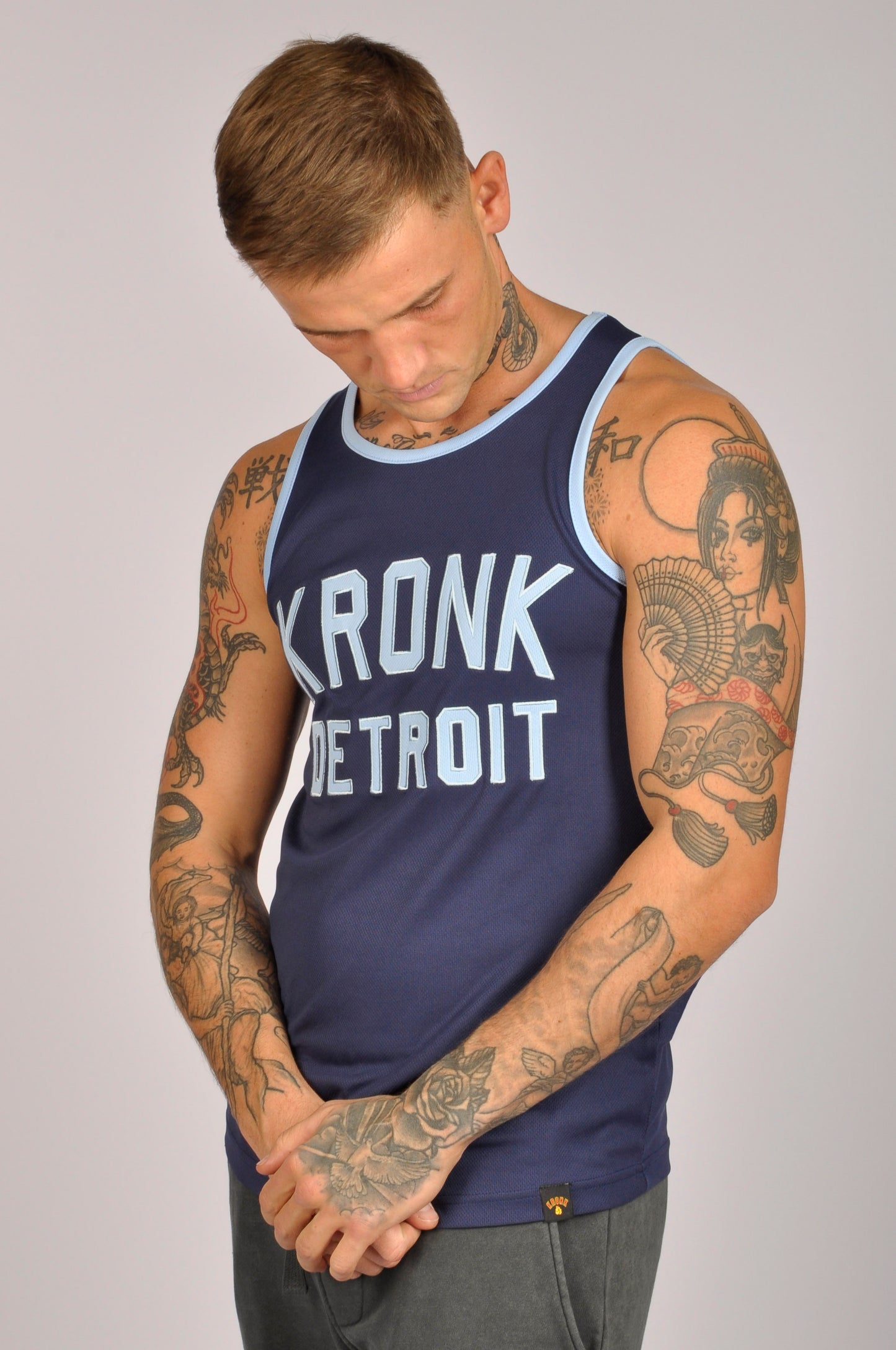 KRONK Iconic Detroit Applique Training Gym Vest Navy & Sky Blue
