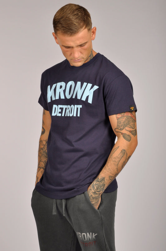 KRONK Detroit Regular Fit T Shirt Navy with Sky Blue logo