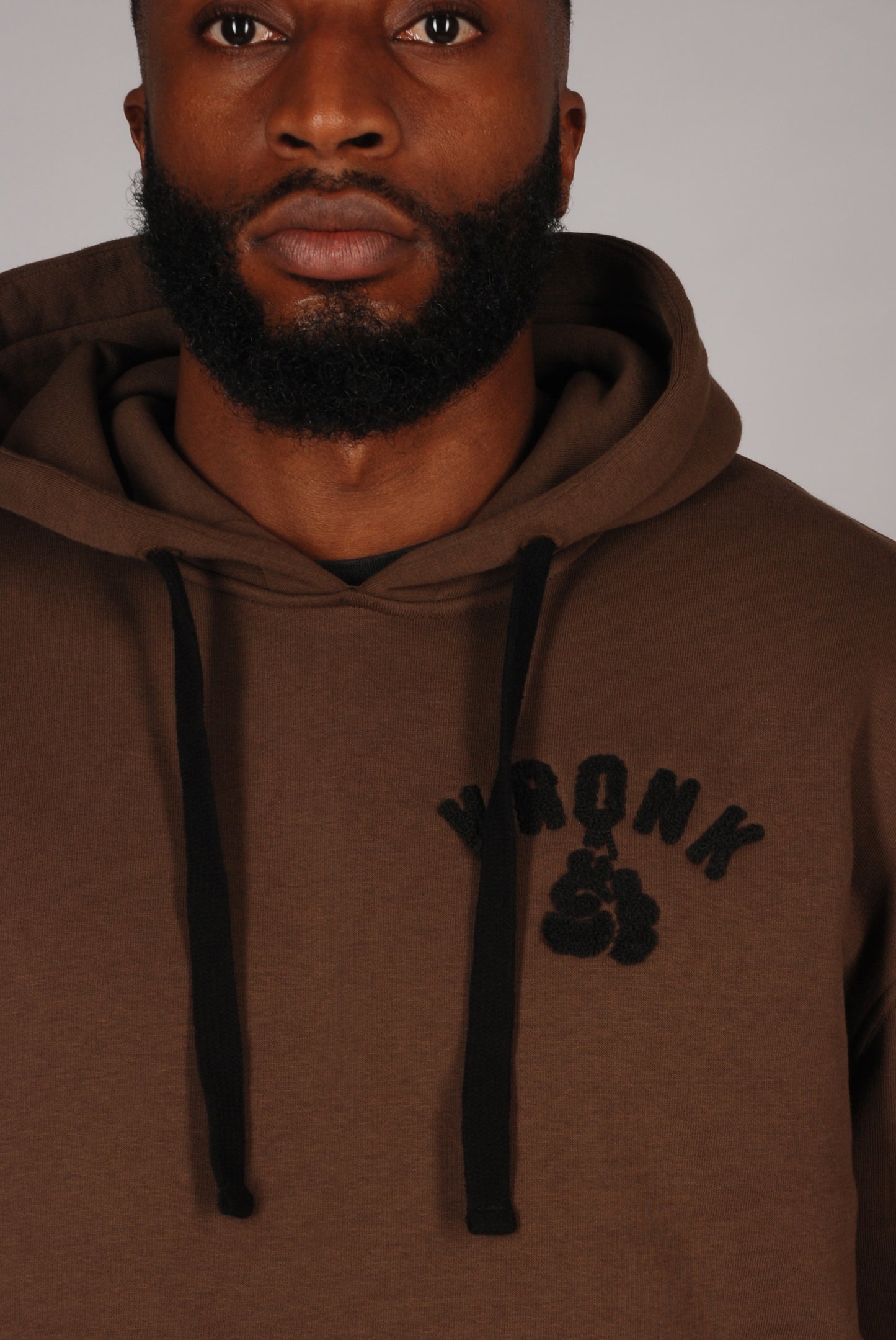KRONK Boxing Team Towelling Applique Hoodie Loose Fit Dark Brown