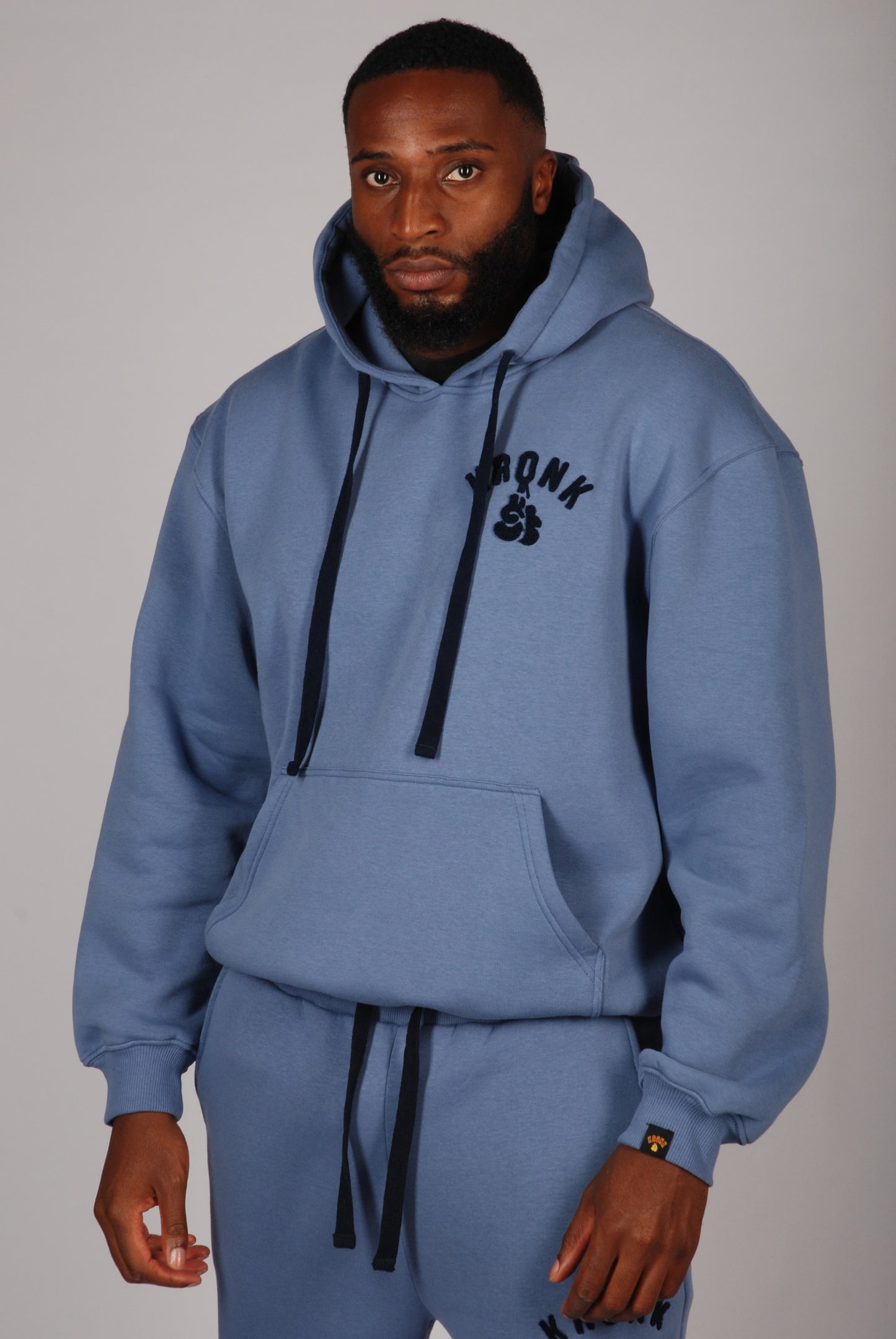 KRONK Boxing Team Towelling Applique Hoodie Loose Fit Steel Blue