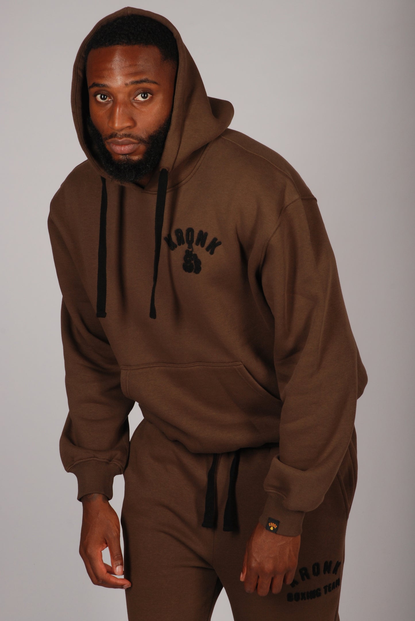 KRONK Boxing Team Towelling Applique Hoodie Loose Fit Dark Brown