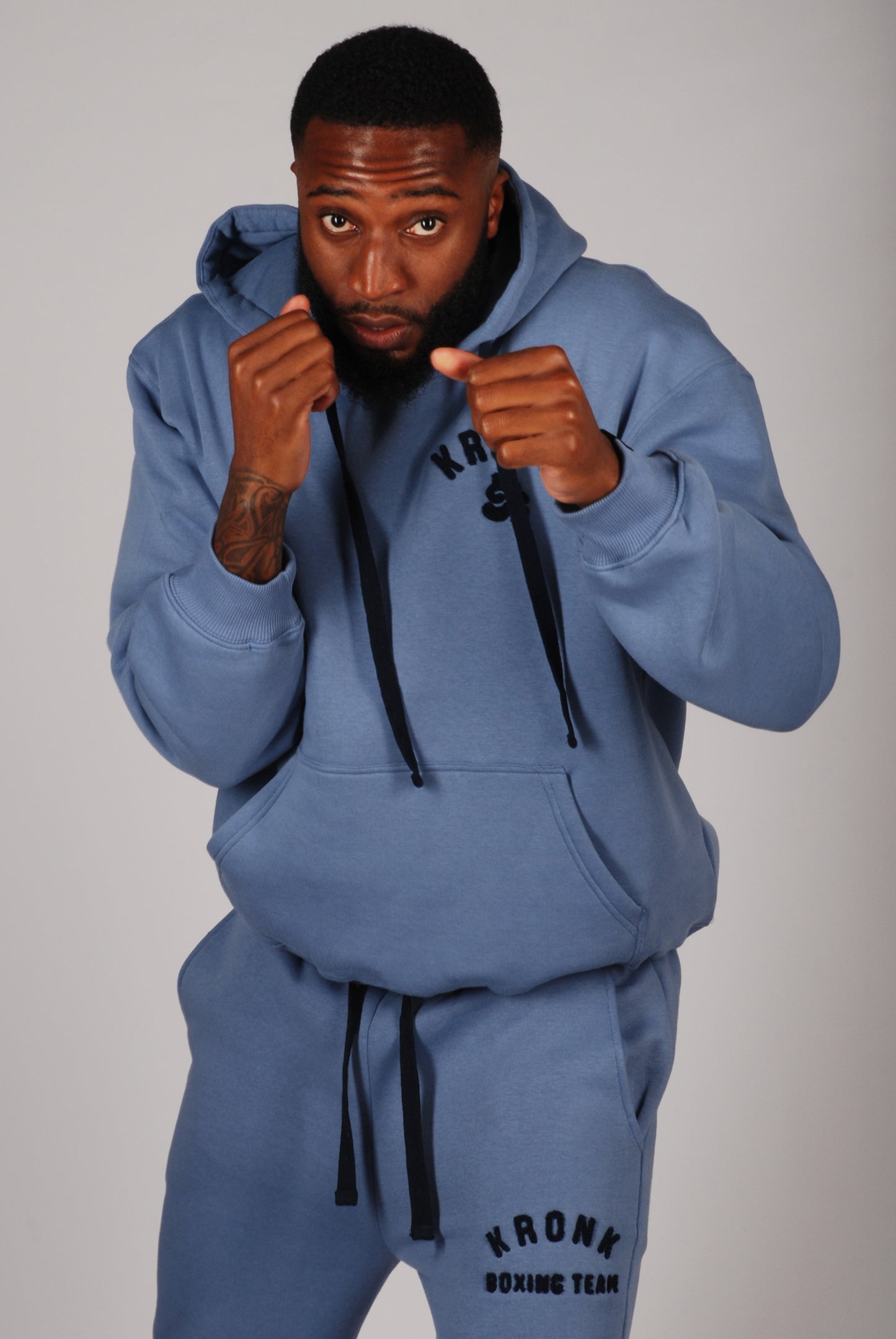 KRONK Boxing Team Towelling Applique Hoodie Loose Fit Steel Blue