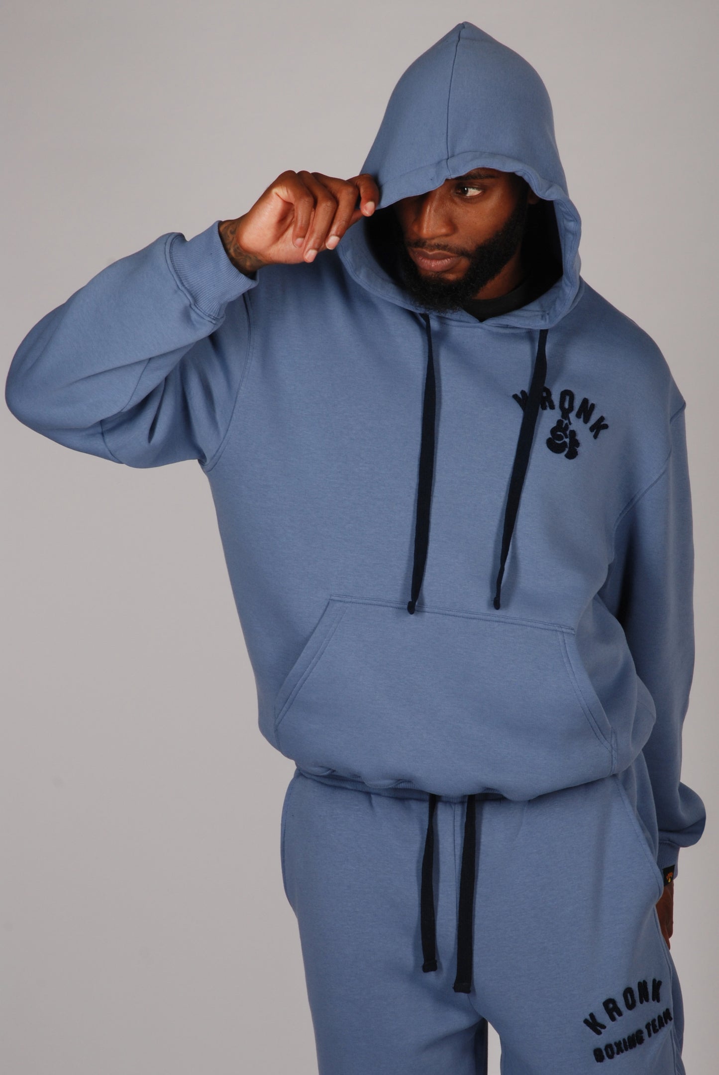KRONK Boxing Team Towelling Applique Hoodie Loose Fit Steel Blue