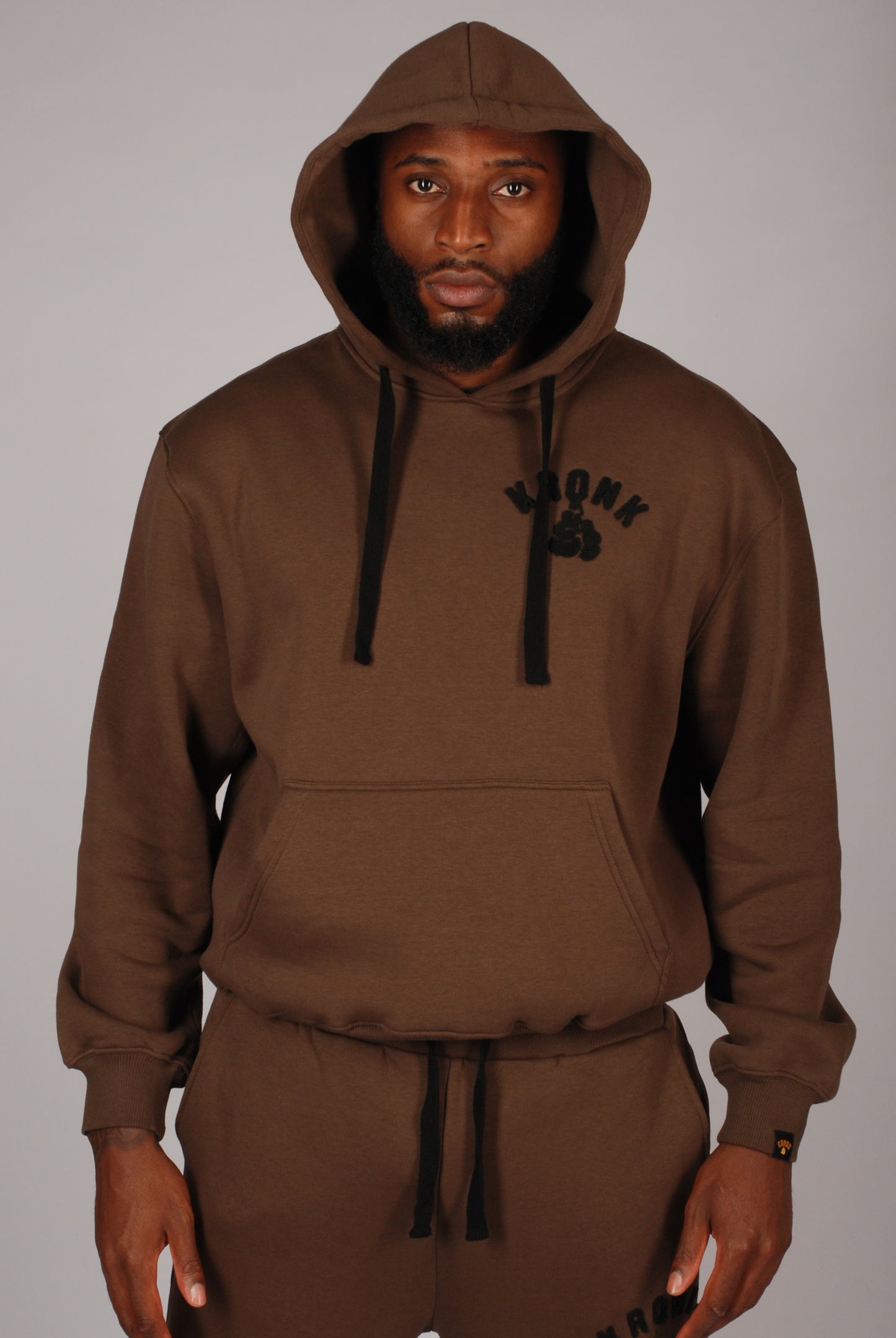 KRONK Boxing Team Towelling Applique Hoodie Loose Fit Dark Brown
