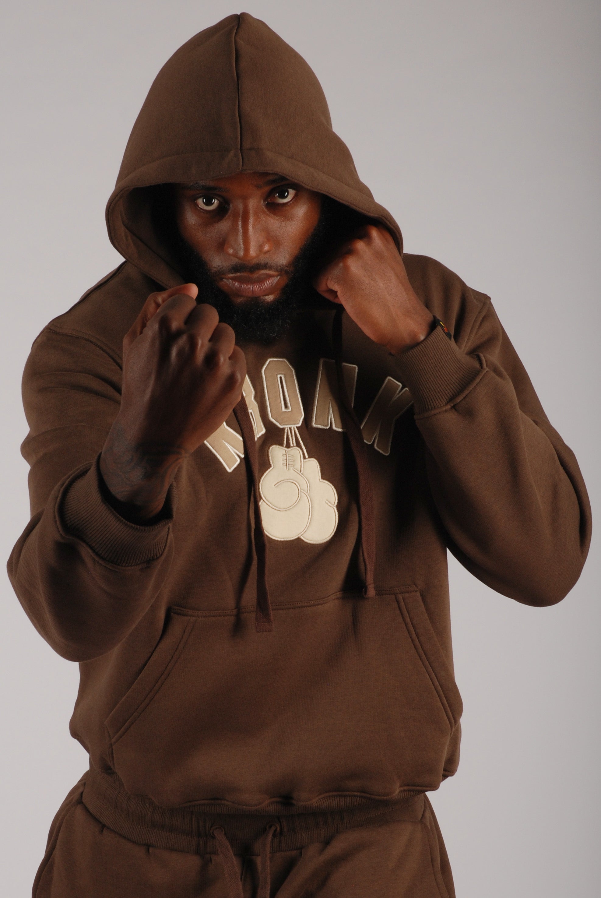 KRONK Gloves Applique Hoodie Loose Fit Dark Brown – Kronk Boxing