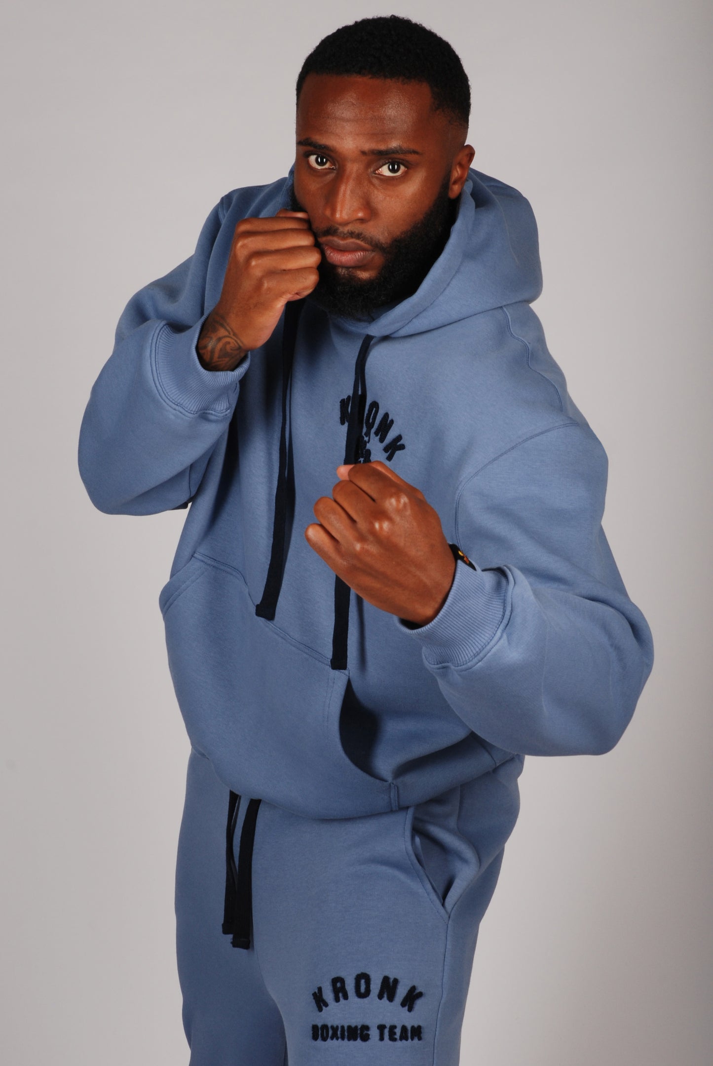 KRONK Boxing Team Towelling Applique Hoodie Loose Fit Steel Blue
