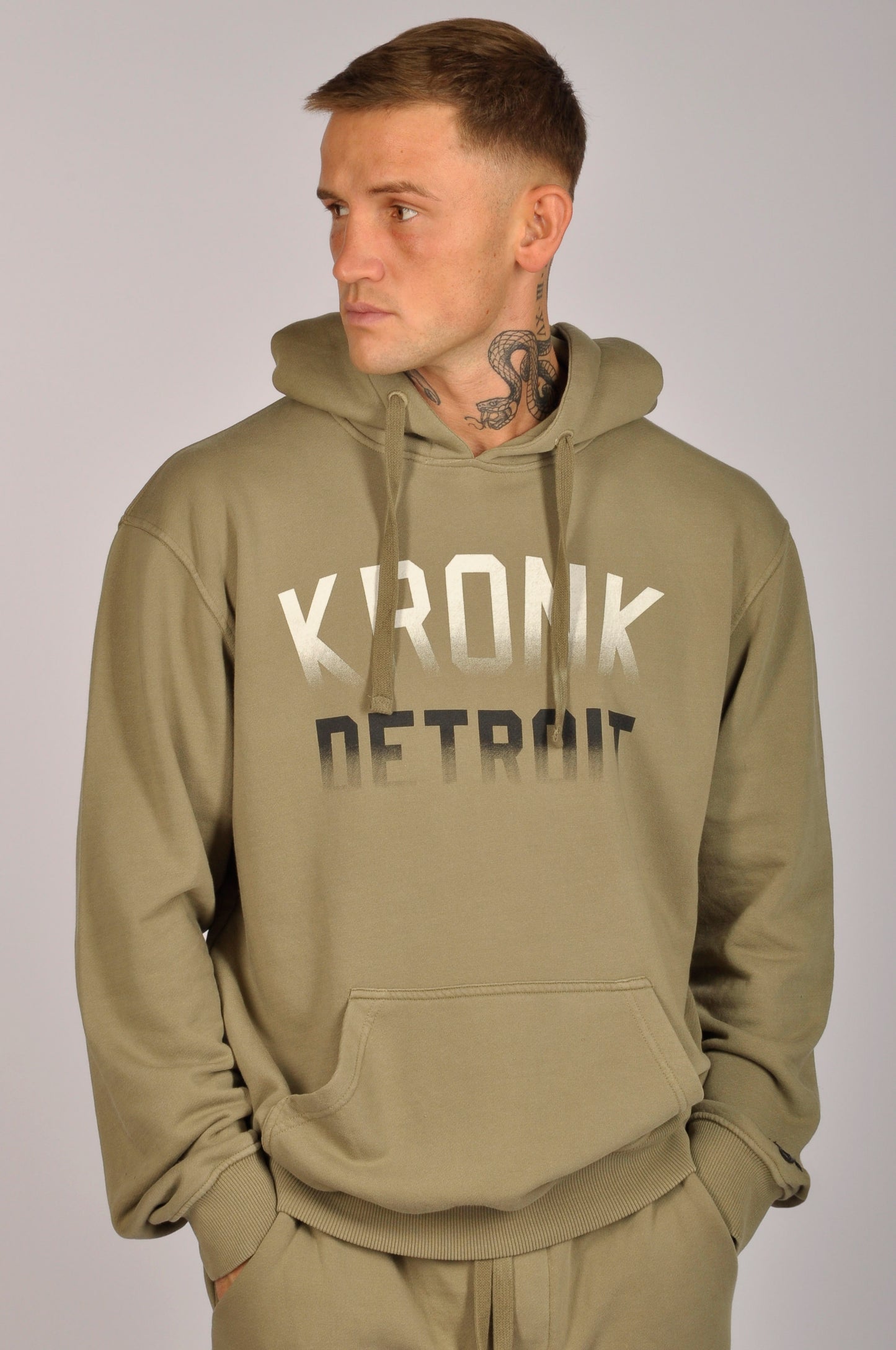 KRONK Faded Iconic Detroit Vintage Wash Hoodie Loose Fit Khaki