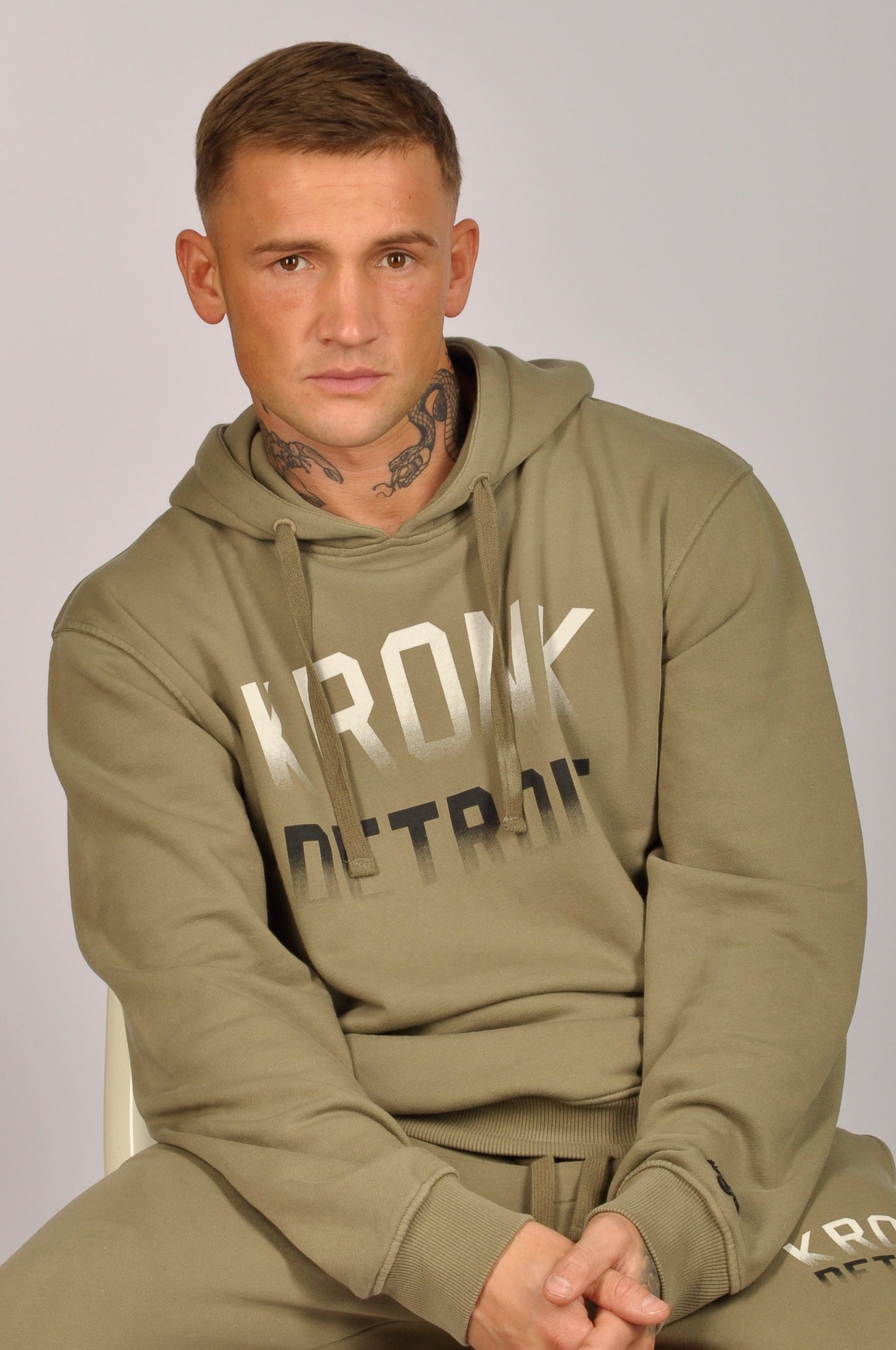 KRONK Faded Iconic Detroit Vintage Wash Hoodie Loose Fit Khaki