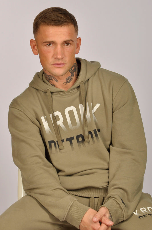 KRONK Faded Iconic Detroit Vintage Wash Hoodie Loose Fit Khaki