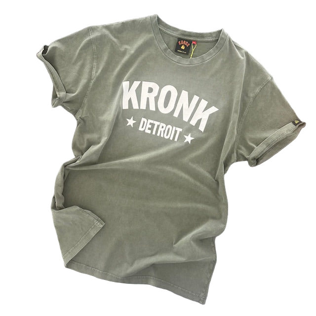 KRONK Detroit Stars Loose Fit Vintage Wash T Shirt Khaki and White