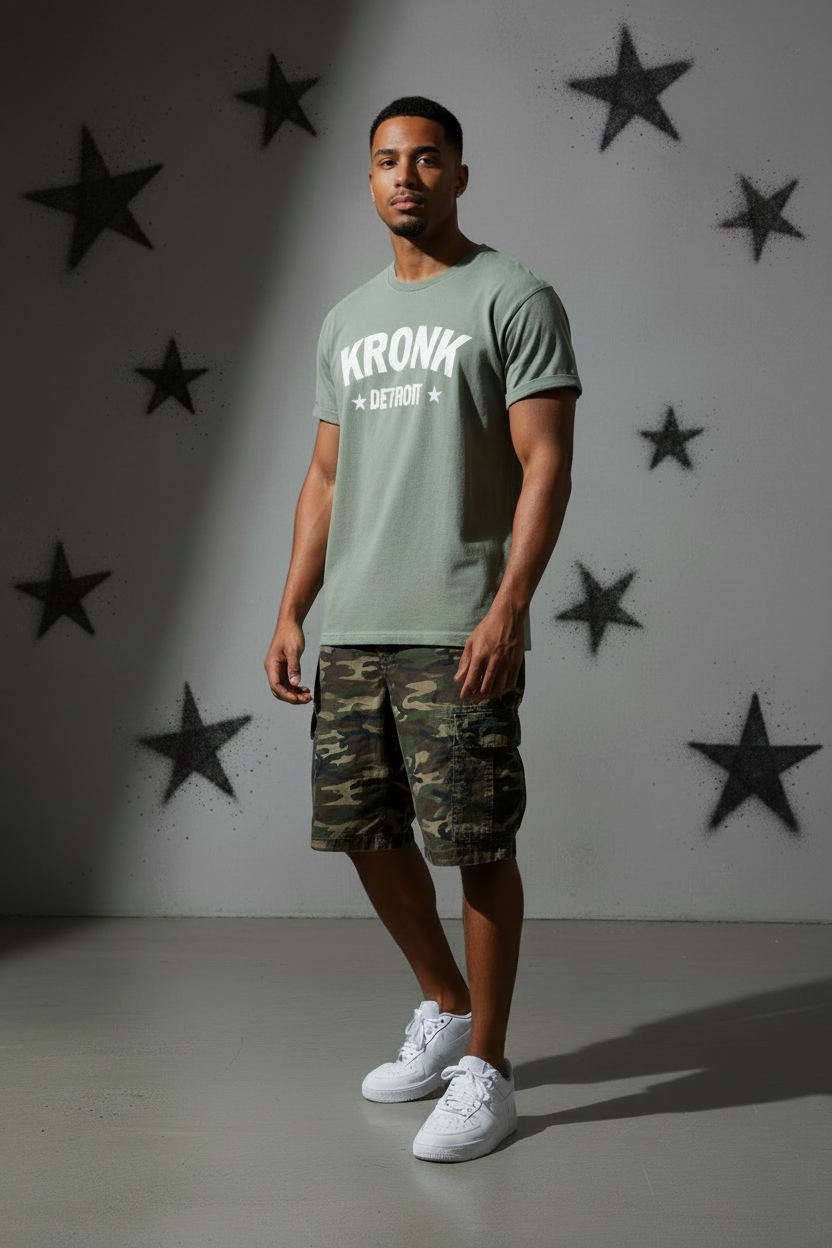 KRONK Detroit Stars Loose Fit Vintage Wash T Shirt Khaki and White