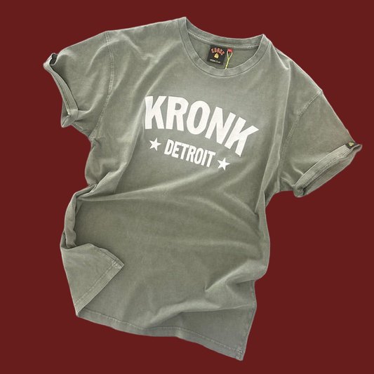 KRONK Detroit Stars Loose Fit Vintage Wash T Shirt Khaki and White