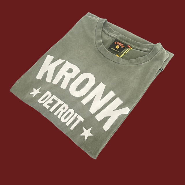 KRONK Detroit Stars Loose Fit Vintage Wash T Shirt Khaki and White