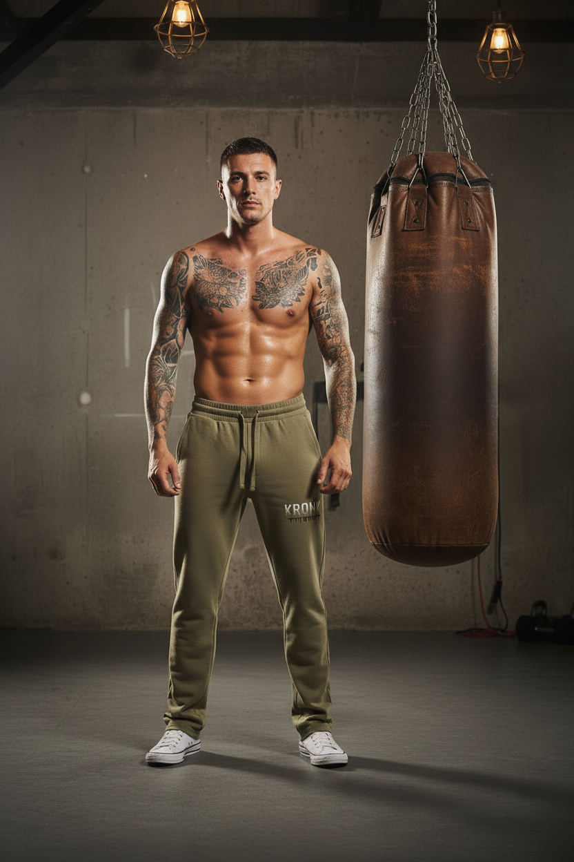 KRONK Faded Iconic Detroit Vintage wash Straight Leg Joggers Loose Fit Khaki