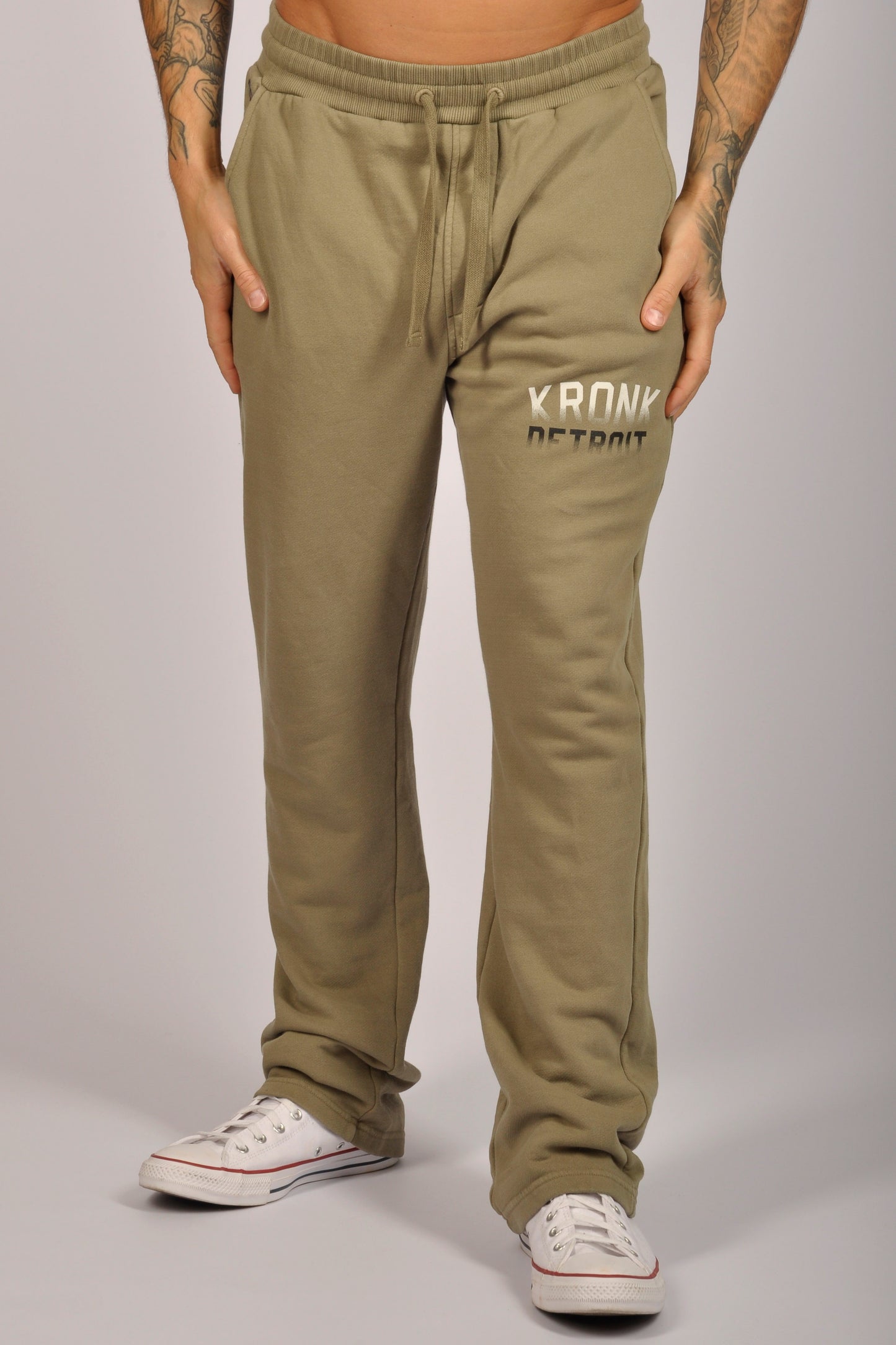 KRONK Faded Iconic Detroit Vintage wash Straight Leg Joggers Loose Fit Khaki