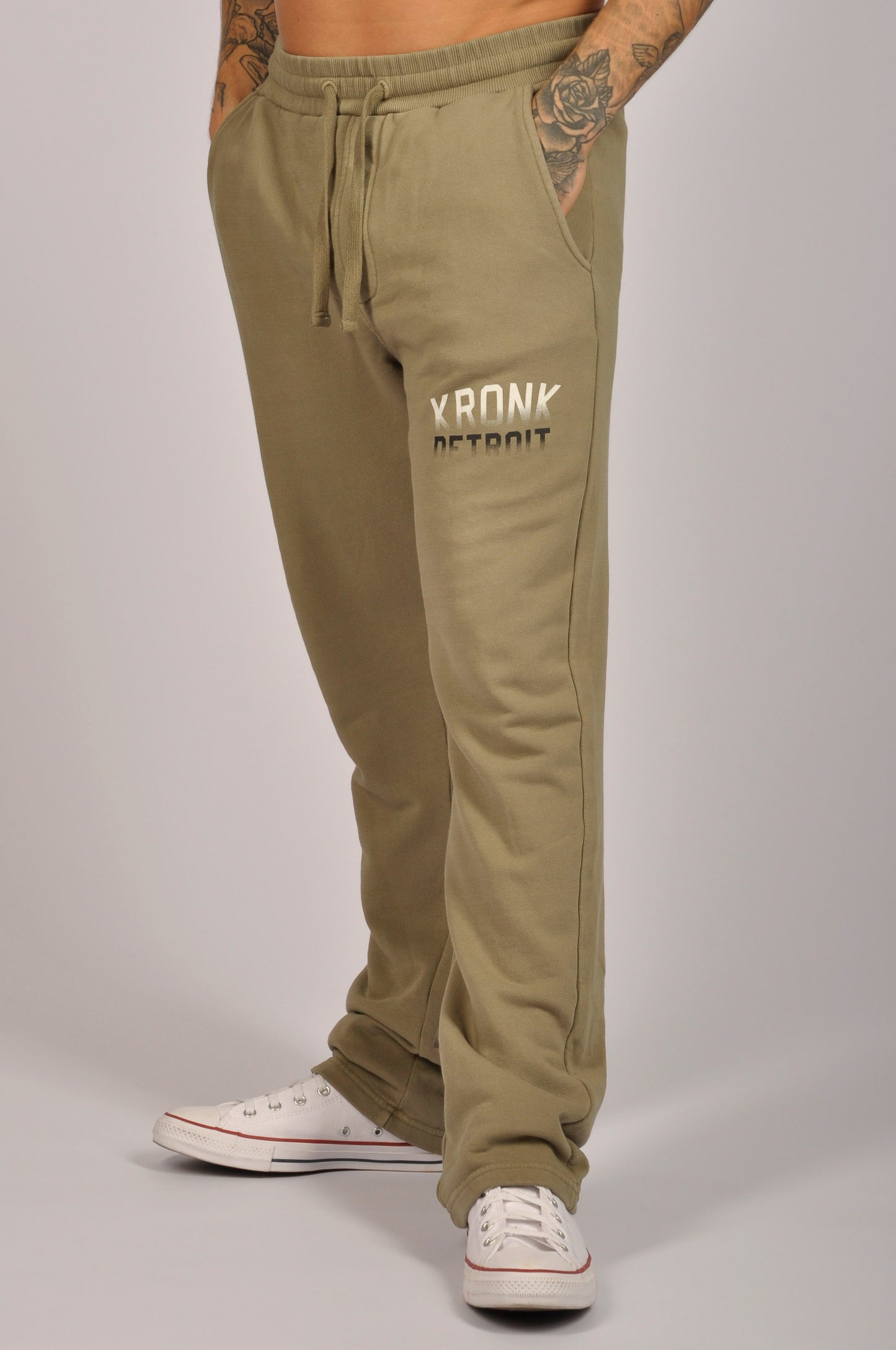 KRONK Faded Iconic Detroit Vintage wash Straight Leg Joggers Loose Fit Khaki