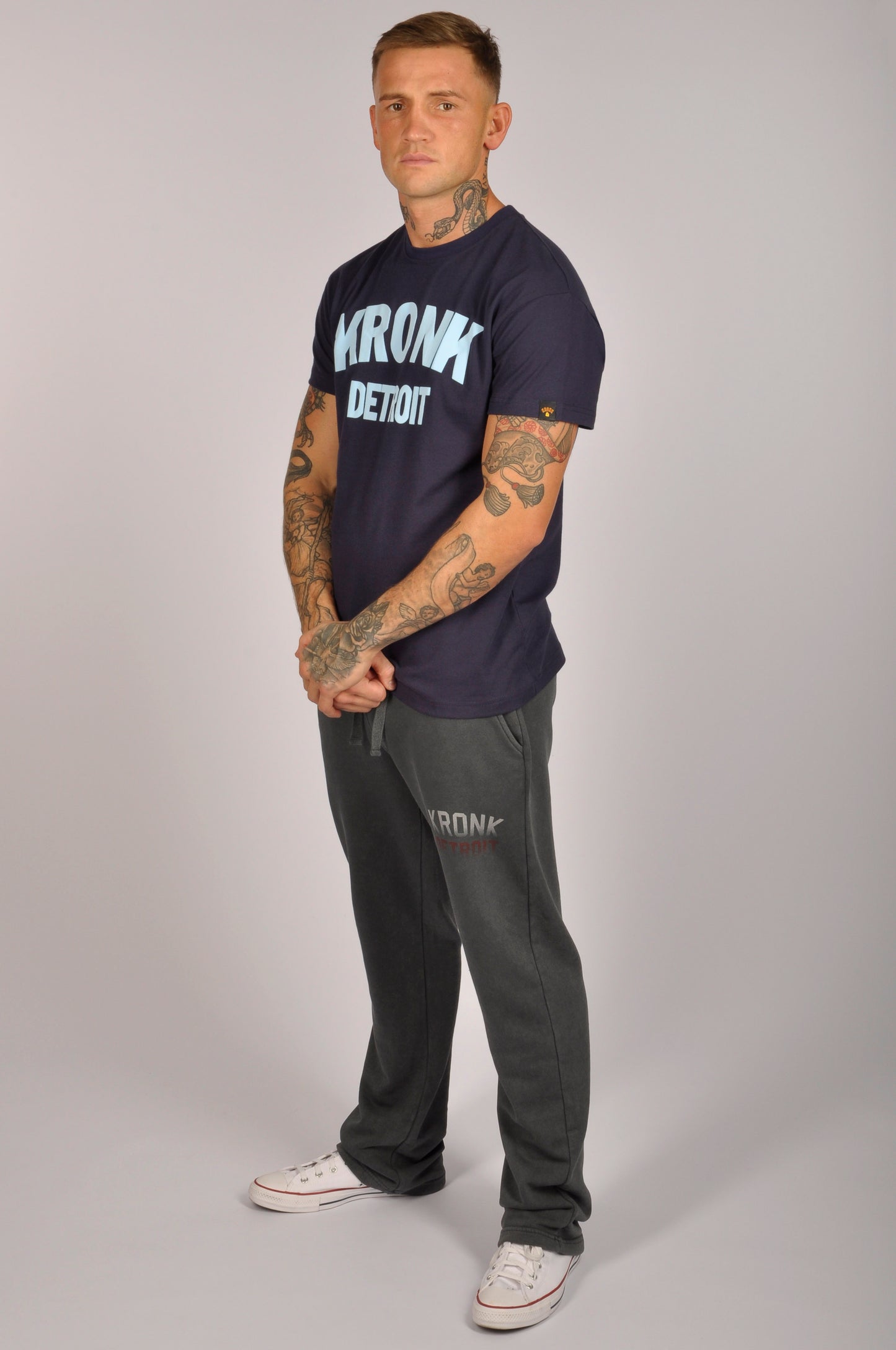 KRONK Detroit Regular Fit T Shirt Navy with Sky Blue logo