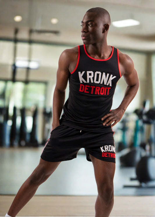 KRONK Iconic Detroit Applique Training Gym Vest Black with red & white logo