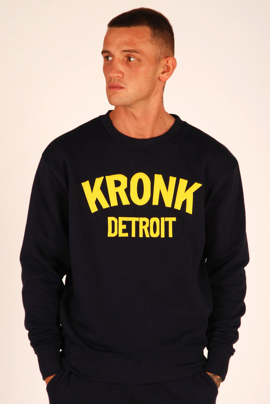 KRONK Detroit Applique Sweatshirt Loose Fit Navy with Yellow Logo