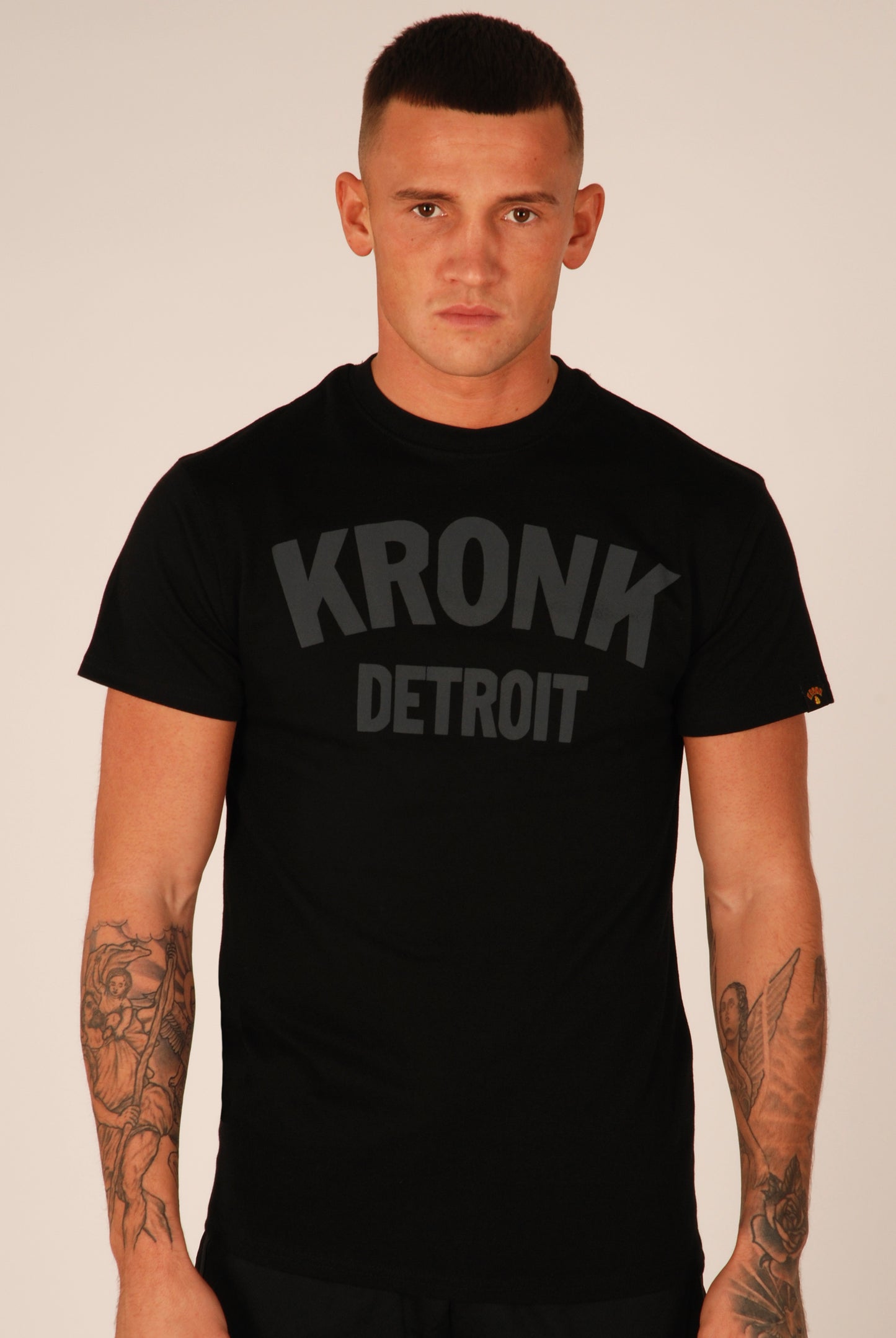 KRONK Detroit Regular Fit T Shirt Black with Charcoal logo