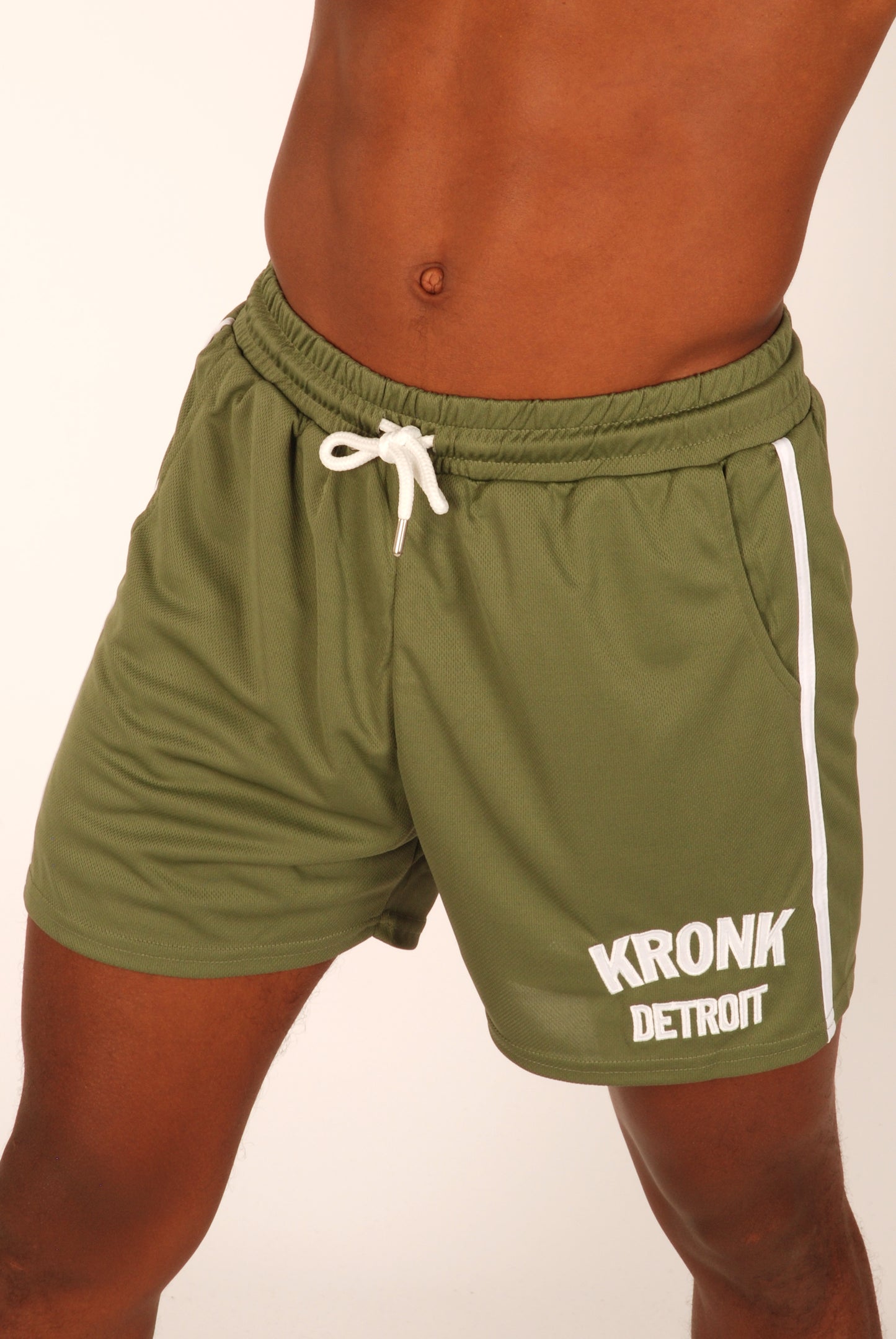 KRONK Single Stripe Detroit Applique Lined Shorts Military Green
