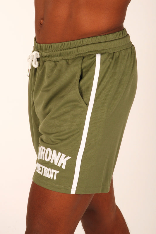 KRONK Single Stripe Detroit Applique Lined Shorts Military Green