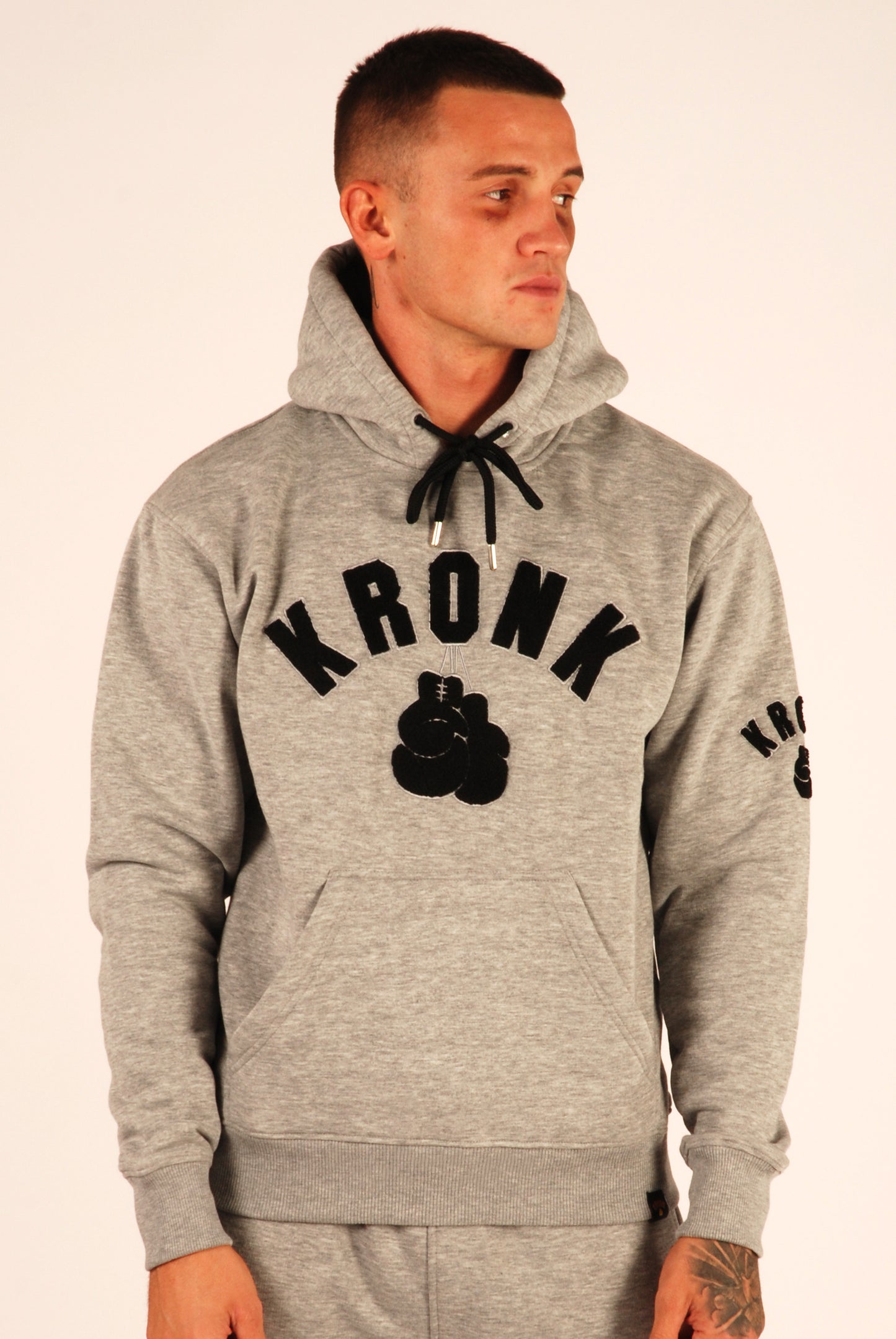 KRONK One Colour Gloves Towelling  Applique Hoodie Regular Fit Sports Grey