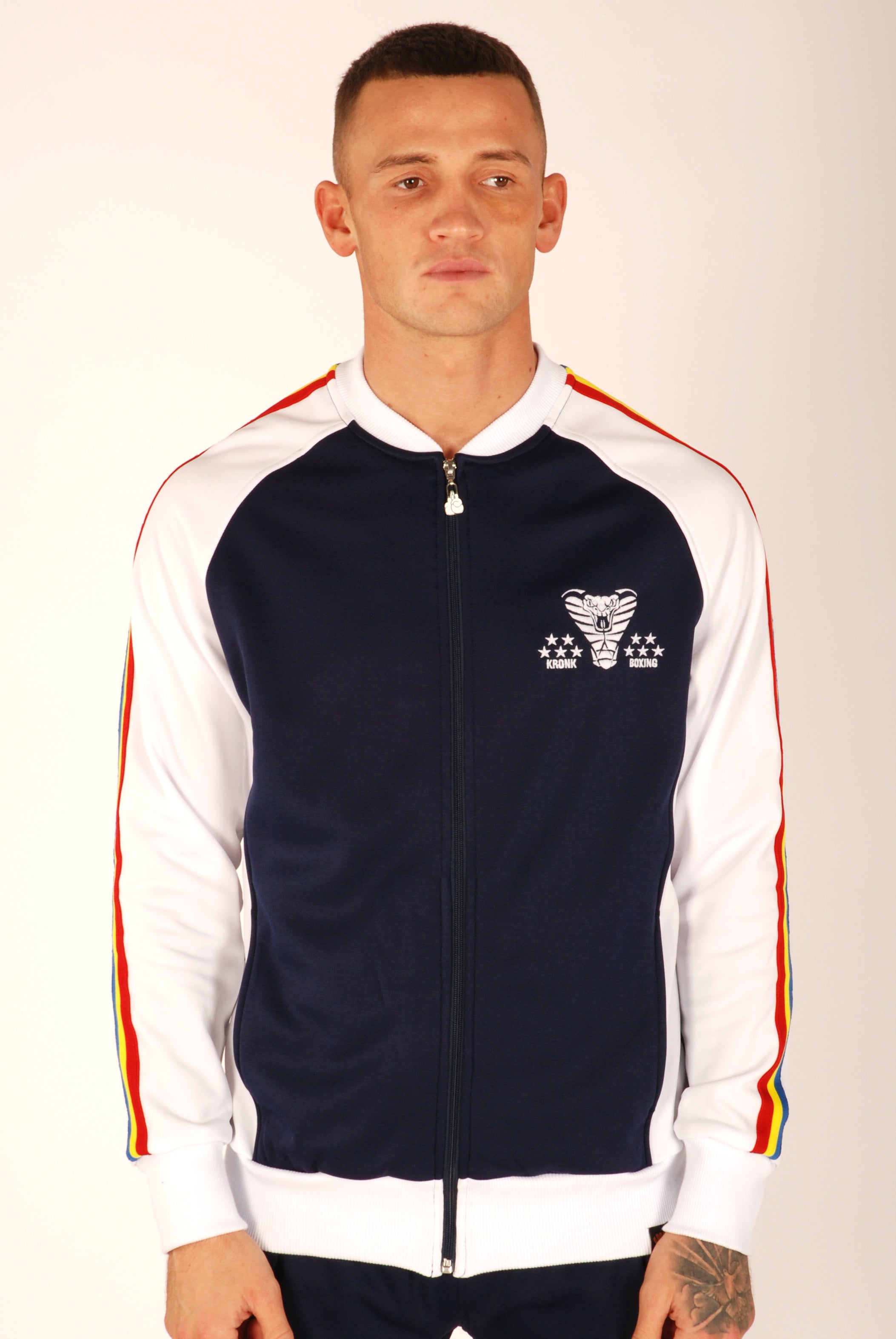 KRONK Boxing Cobra Logo Zip Track Top White and Navy Kronk Boxing Sportswear