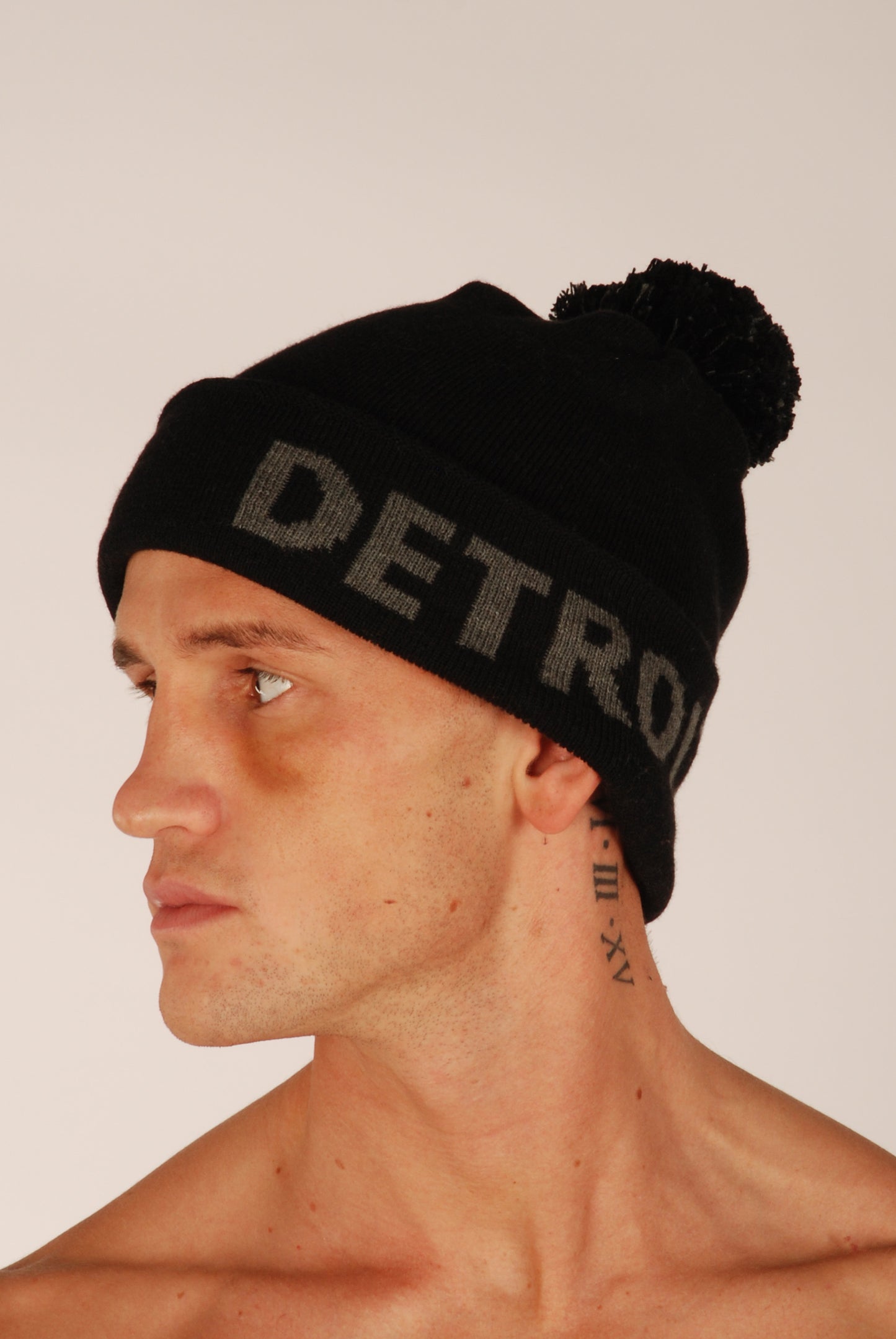 KRONK Detroit Bobble Hat Black with Charcoal knitted logo