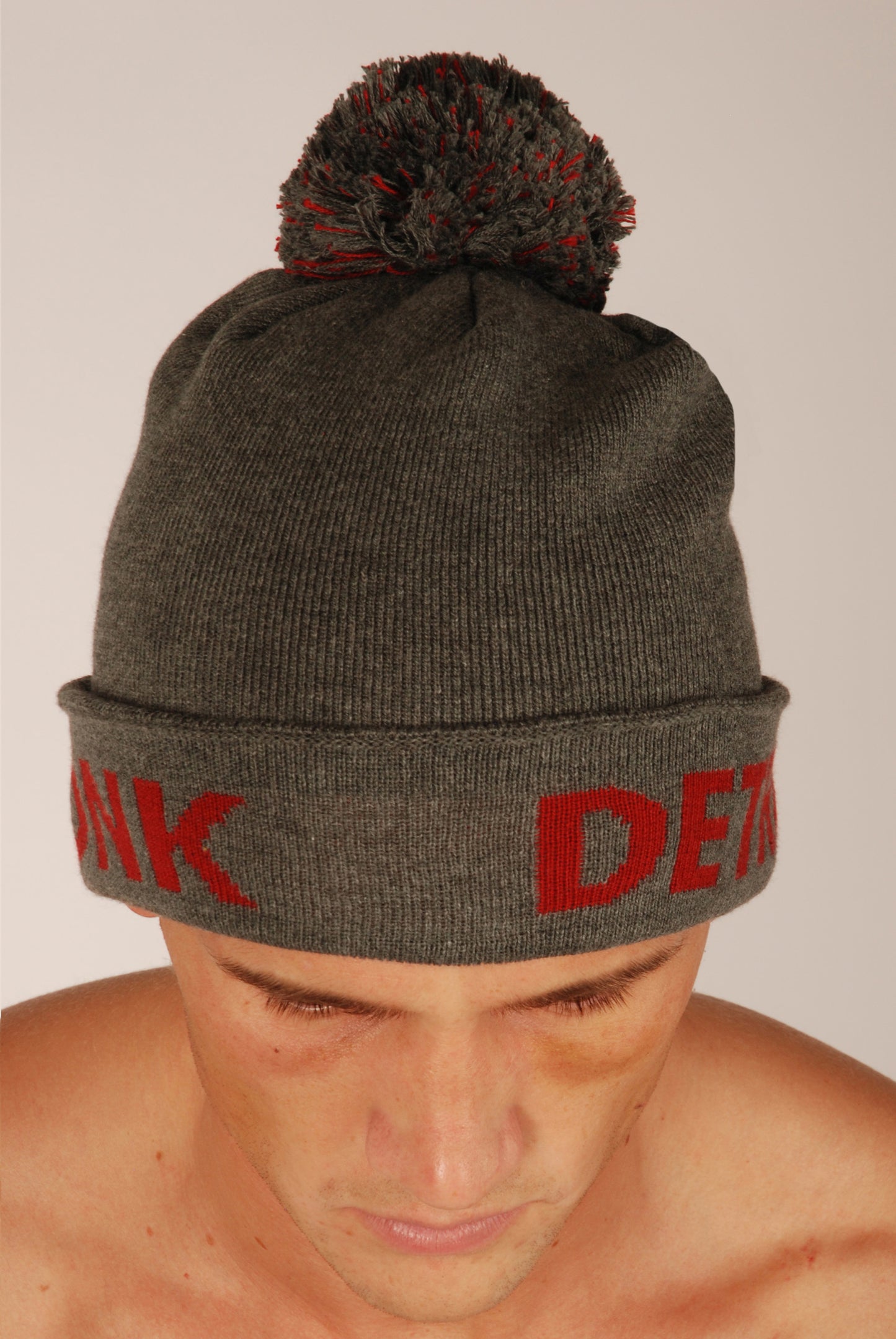 KRONK Detroit Bobble Hat Charcoal with Dark Red knitted logo