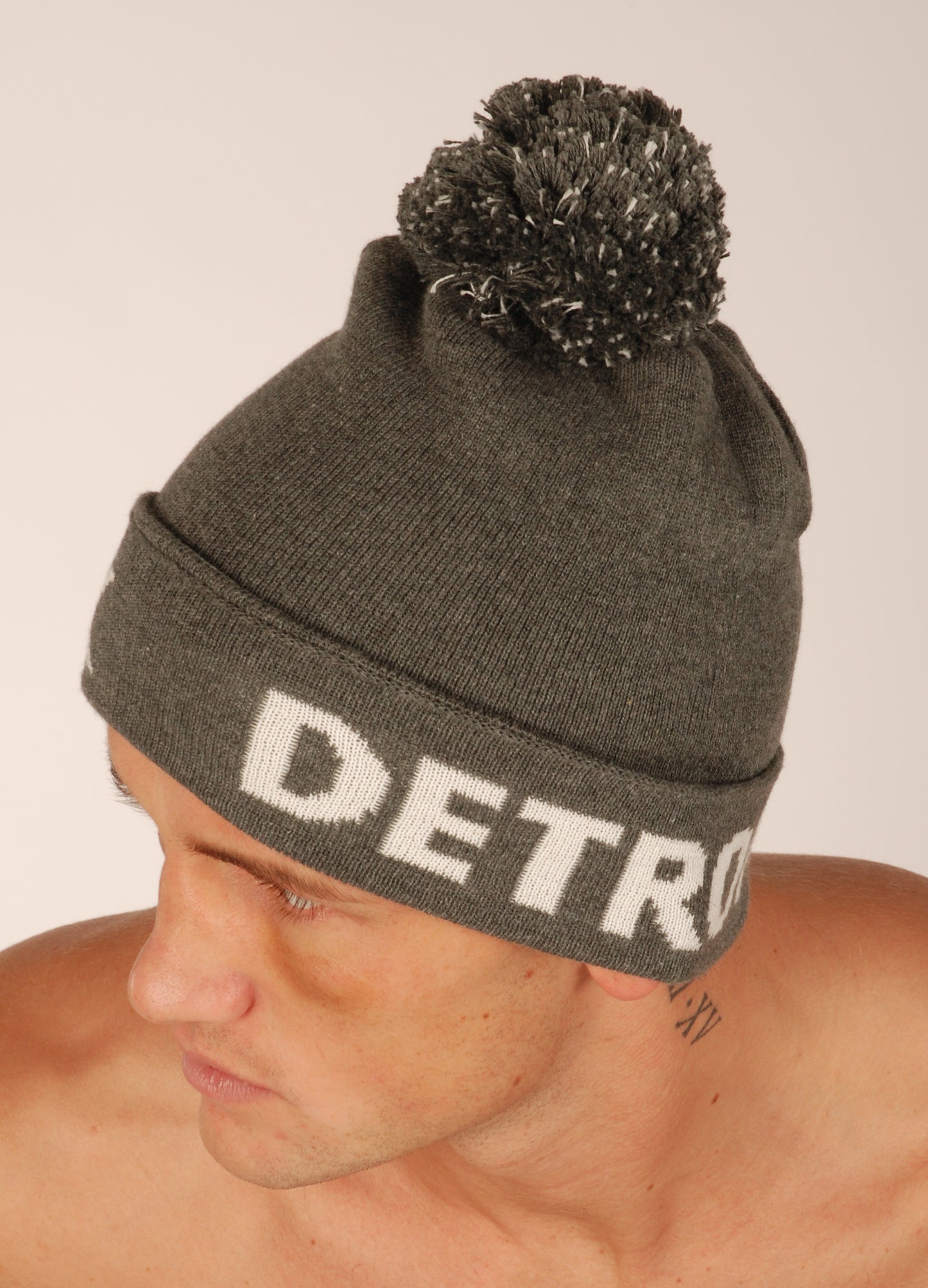 KRONK Detroit Bobble Hat Charcoal with White knitted logo