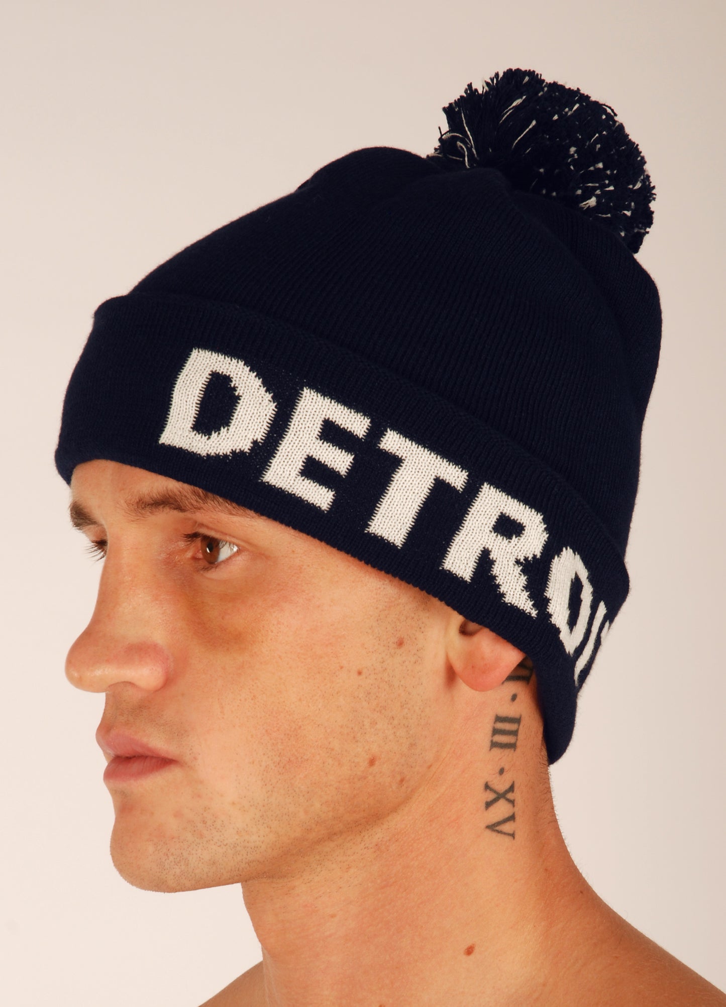KRONK Detroit Bobble Hat Navy with White knitted logo